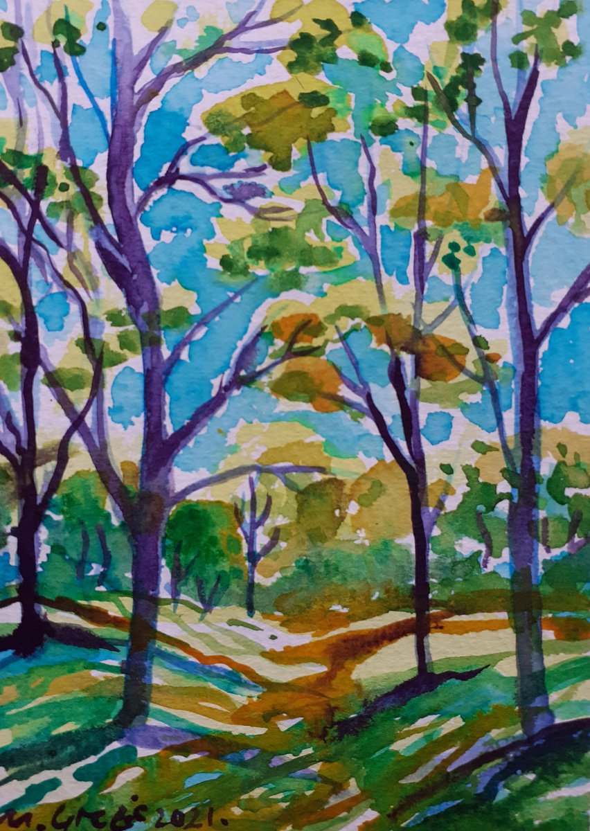 Impressionistic Landscape Watercolour By Maja Grecic, 5 X 7", Blue Sky And The Forest, Original Artwork