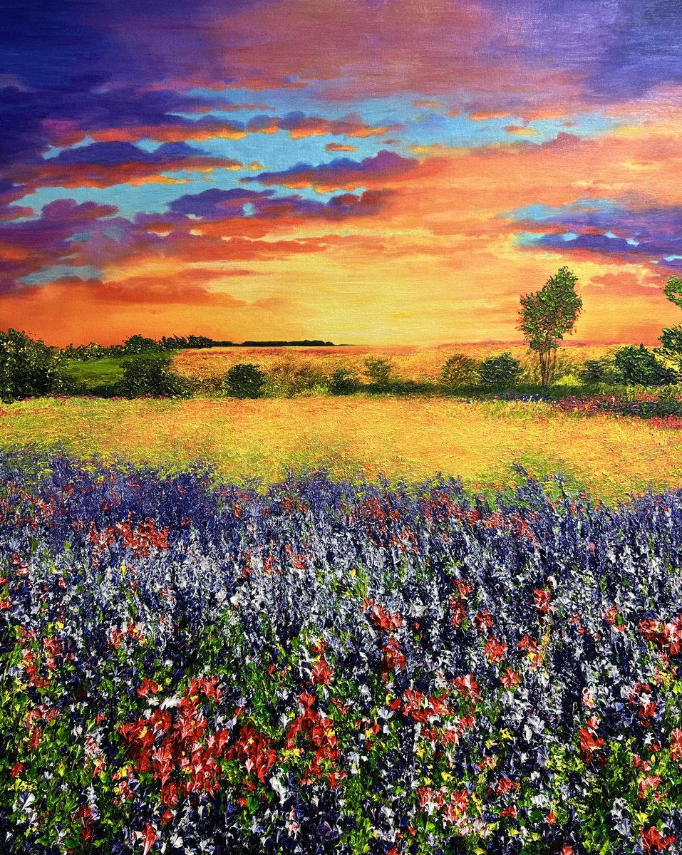 Impressionistic Landscape Oil Painting By Kenneth Halvorsen, 40 X 50", Where Wildflowers Meet The Sky, Original Artwork