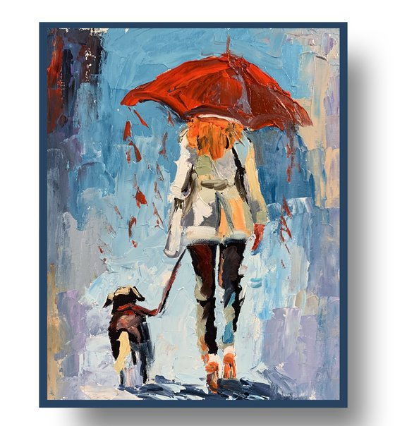 Woman with umbrella and dog.