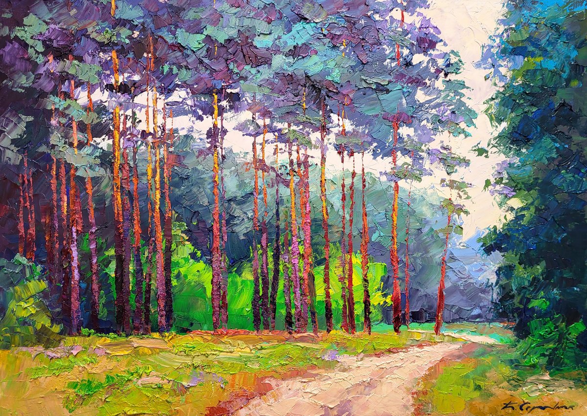 Impressionistic Landscape Oil Painting By Boris Serdyuk, 28 X 20, Forest Road, Original Artwork