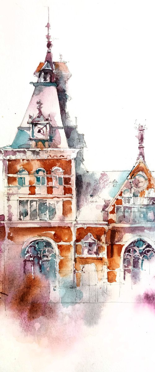 "Rijksmuseum Building. Amsterdam Netherlands" architectural landscape - Original watercolor painting by Ksenia Selianko