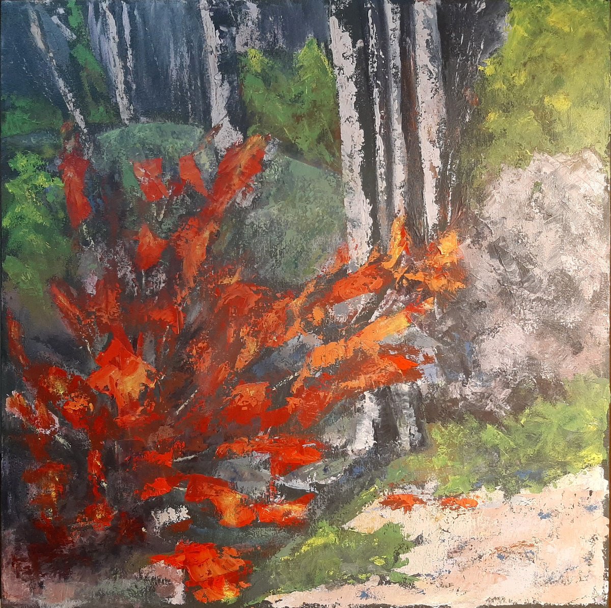 Expressive Landscape Acrylic Painting By Michele Paris, 20 X 20", Rouge Automne #312, Original Artwork