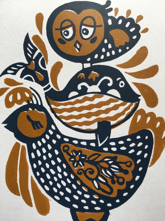 Owl, Whale and Rooster