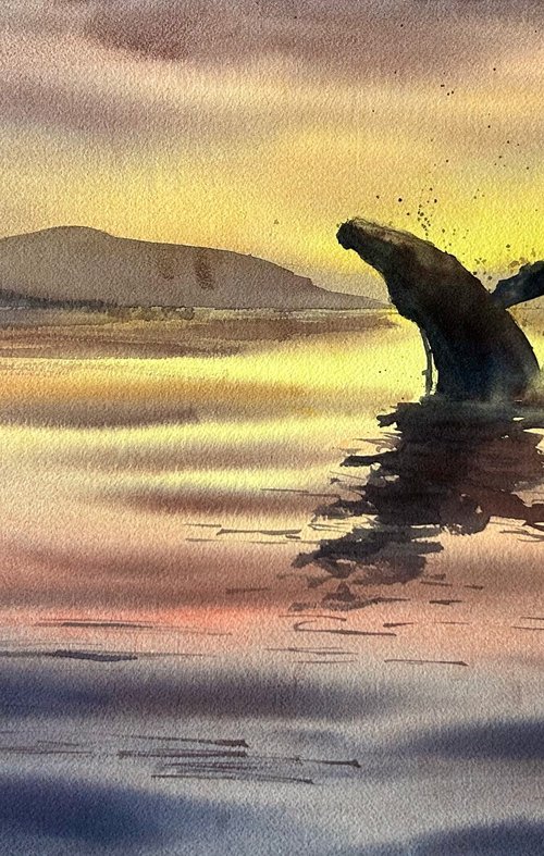 Original watercolour painting, Whale Jump by Inna Nagaytseva