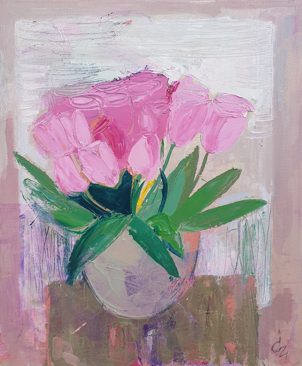 Impressionistic Still Life Oil Painting By Victoria Cozmolici, 20 X 24", Pink Tulips, Original Artwork