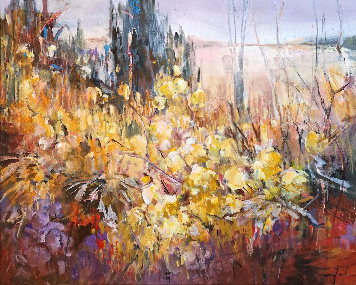 Impressionistic Botanical Acrylic Painting By Irina Laube, 39 X 31, The Magic Of Flowers Ii, Original Artwork