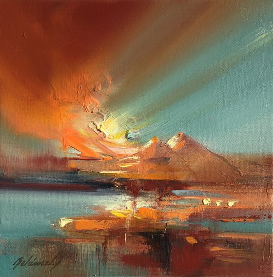 Ray of Light - 25 x 25 cm, abstract landscape oil painting in red and blue