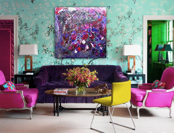 Rose soul - 100x100 cm Large abstract painting. Burgundy lilac wall art