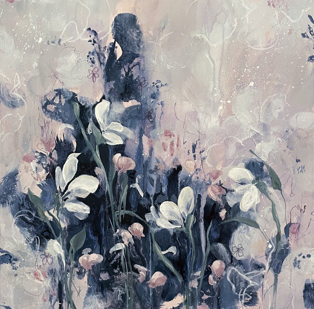 Organic Botanical Acrylic Painting By Nicole Esposito Woodall, 12 X 12", Fairytale Ballet I, Original Artwork