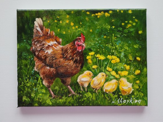 Mother Hen and Baby Chicks, Animal Artwork, Barnyard, Farm Life