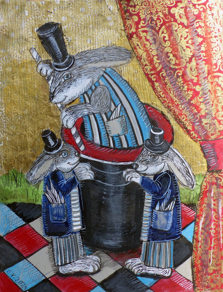Surrealistic Painting , Magical Bunnies By Elizabeth Vlasova, 9 X 12, Artwork For Sale On Artfinder