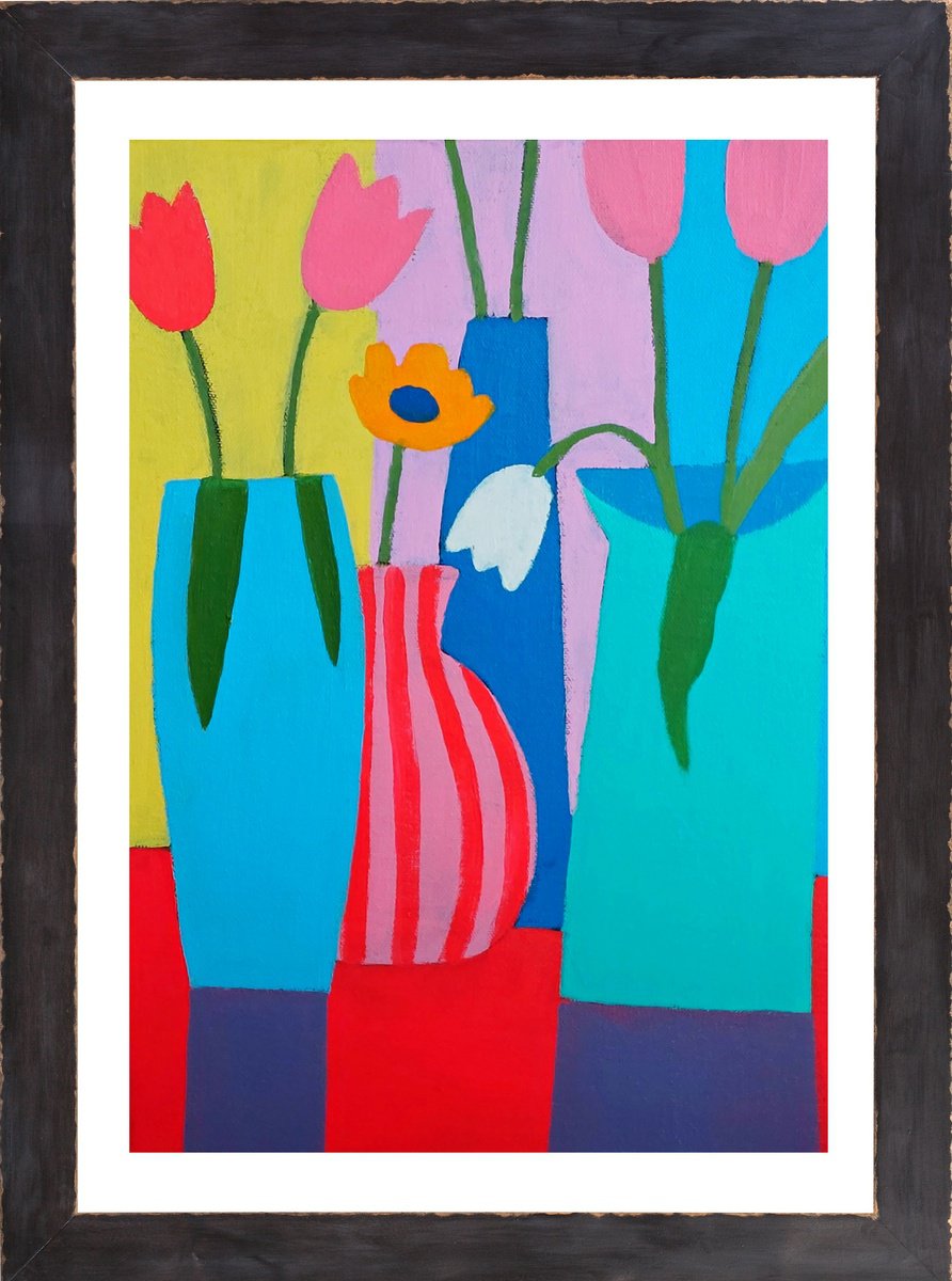 Abstract Still Life Giclee Print By Jan Rippingham, 10 X 14, Four Vases Of Flowers (Print), Original Artwork