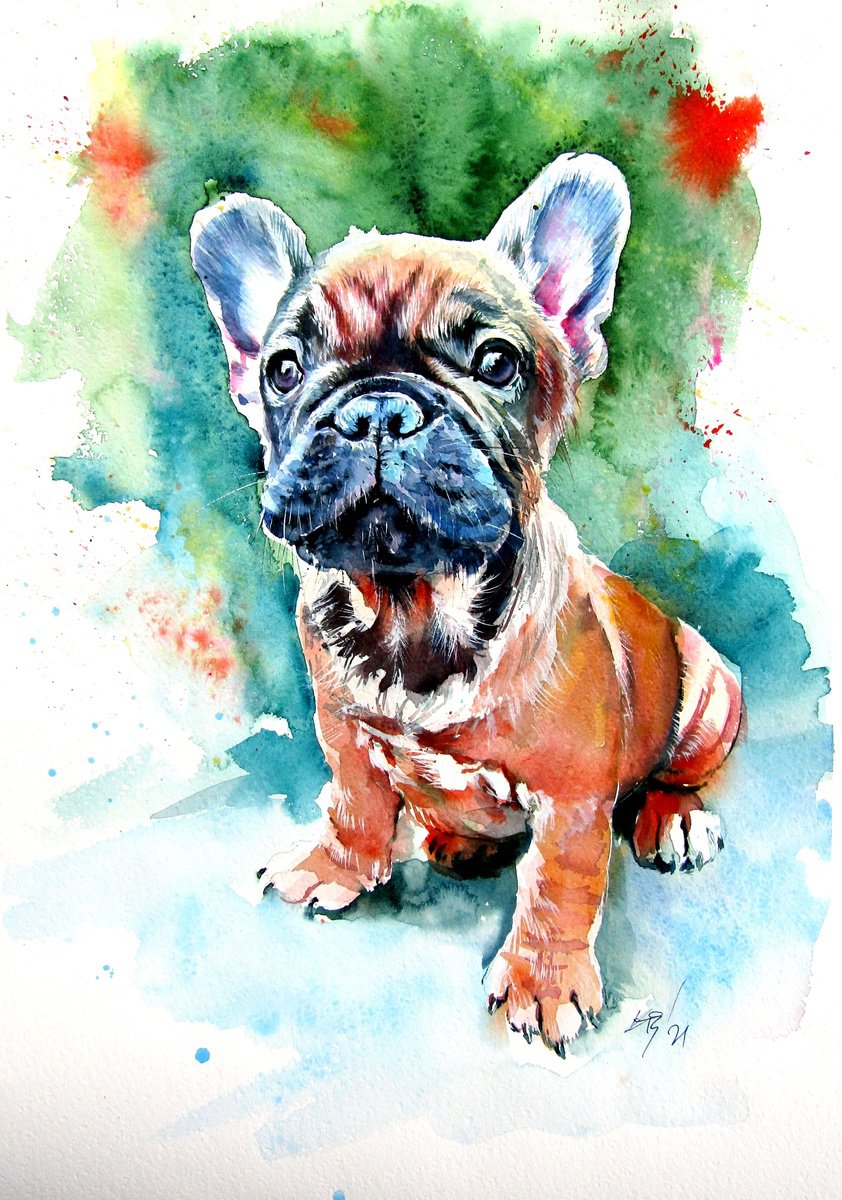 Impressionistic Animal Watercolour By Kovacs Anna Brigitta, 14 X 20", French Bulldog Puppy, Original Artwork