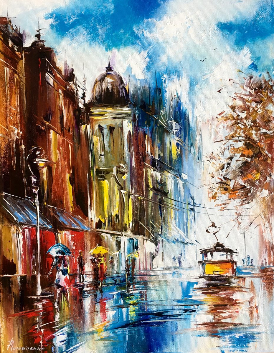 Impressionistic Cityscapes Oil Painting By Olena Romanenko, 12 X 16", Tram Of Desires, Original Artwork