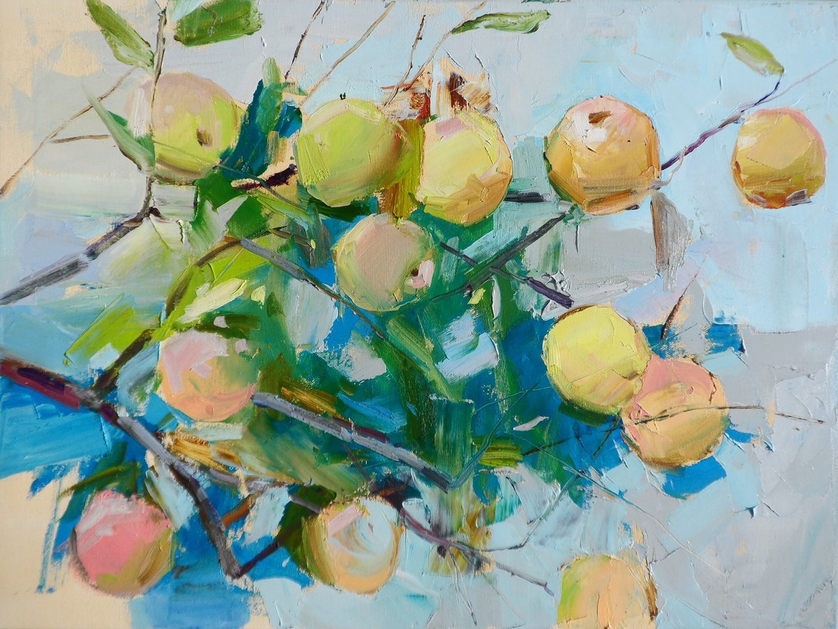 Impressionistic Landscape Oil Painting By Yehor Dulin, 24 X 18", Apples Branch, Original Artwork
