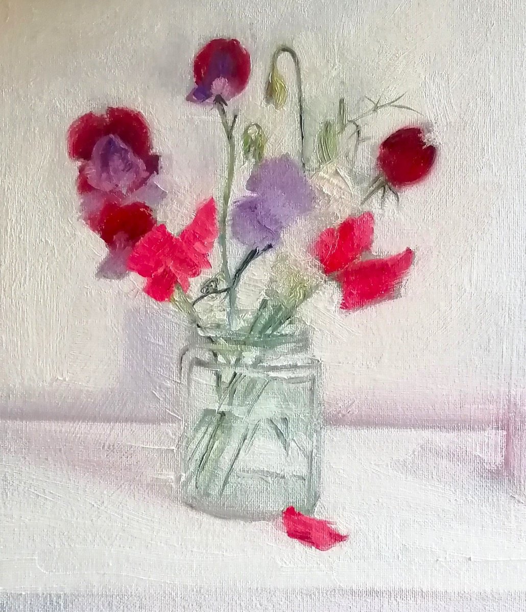 Impressionistic Still Life Oil Painting By Rosemary Burn, 10 X 12", Sweet Peas, Original Artwork