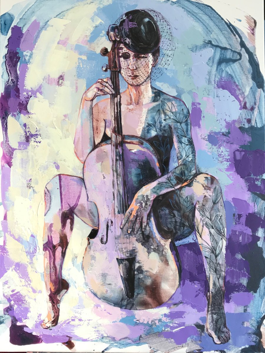 Expressive Portrait Acrylic Painting By Tetiana Cherevan, 24 X 31", For Playing With Your Heart, Original Artwork