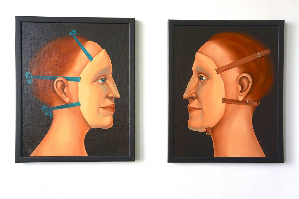 Surrealistic Portrait Oil Painting By Marina Popkova-Sologub, 17 X 21", Masks, Original Artwork