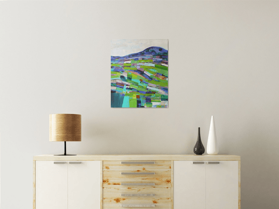 Abstract landscape - Green fields  (ready to hang semi abstract landscape on canvas)