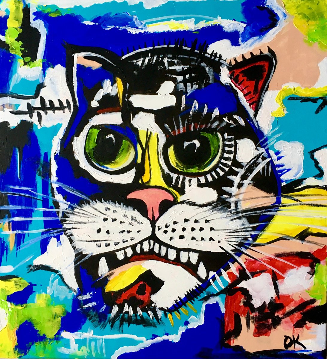 Expressive Animal Acrylic Painting By Olga Koval, 22 X 24", Cat Of Basquiat, Original Artwork