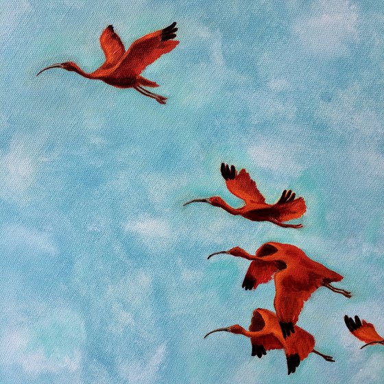 Round painting with flying red ibis and blue sky - The red thread