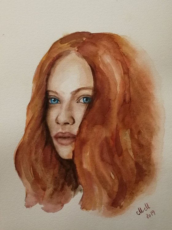 Red hair girl - original watercolor portrait