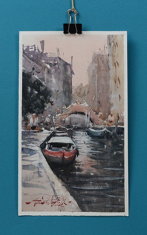 Sidewalk and Boat in Venice, Original Watercolor Landscape by Marin Victor
