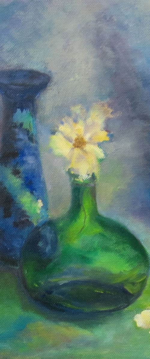 Green Bottle with Yellow Flower by Maureen Greenwood