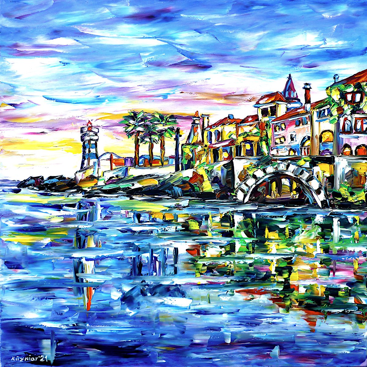 Expressive Cityscapes Oil Painting By Mirek Kuzniar, 24 X 24", Santa Maria, Cascais, Original Artwork