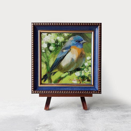 Bluebird painting original oil 4x4 in blue frame - Thank you for brightening my world