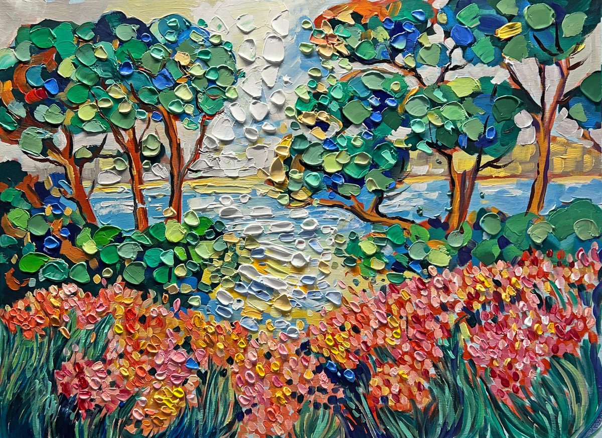 Abstract Landscape Acrylic Painting By Sandra Zekk, 24 X 16", Floral Meadows, Original Artwork