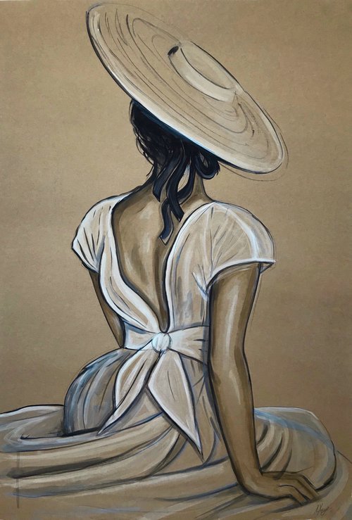 “Anna” woman painting from the back acrylic, watercolor by Leysan Khasanova