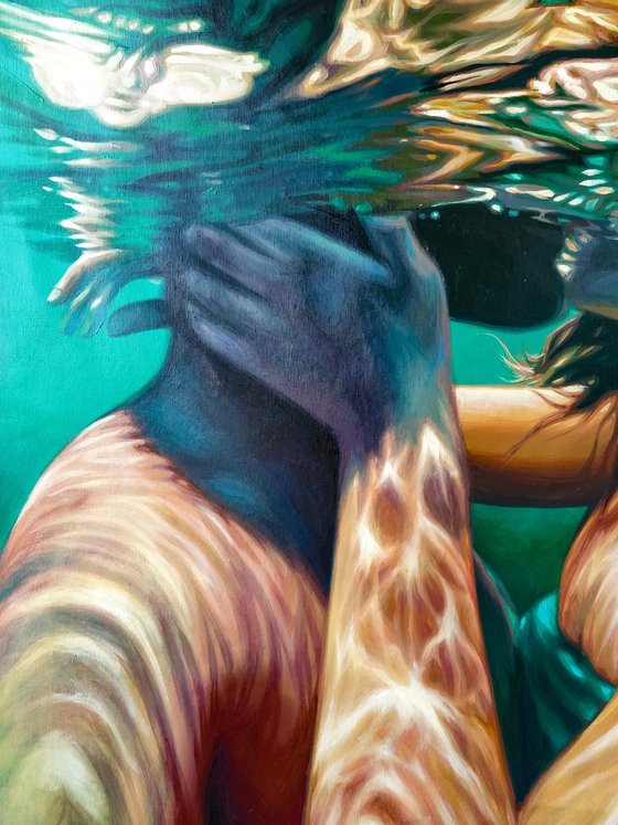 Underwater love story Modern acrylic large underwater painting Seackape Swimming Slow breathing Pleasure Recreation Girl under water Sea waves Wall art Decor Home