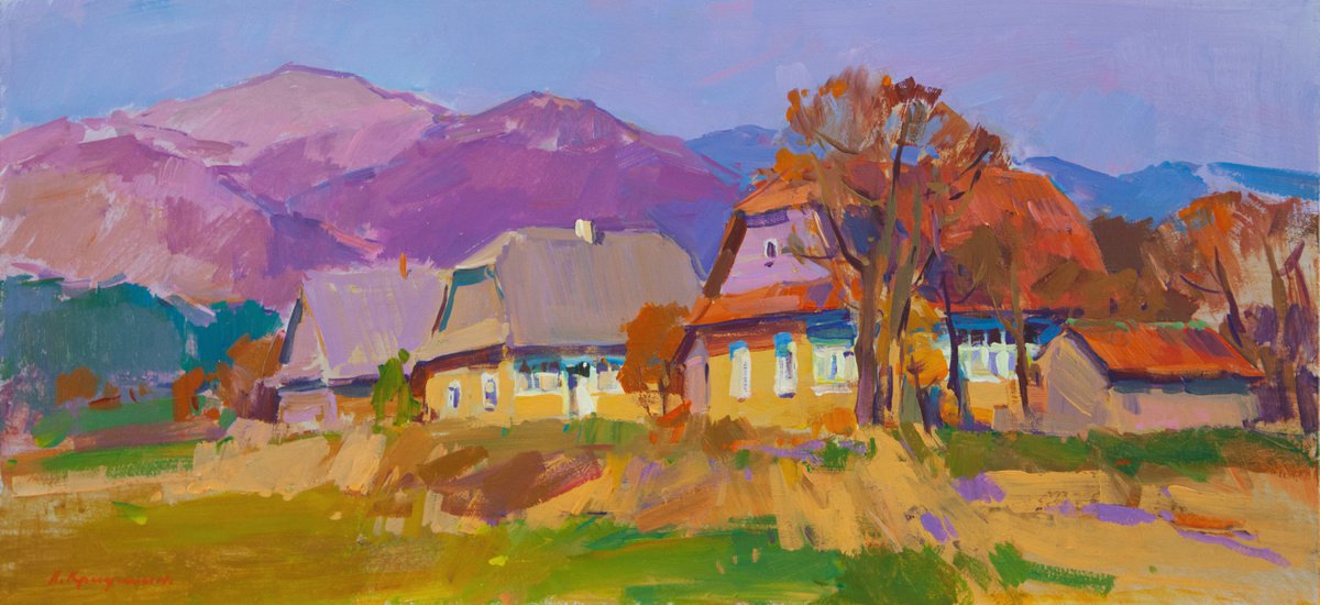 Impressionistic Landscape Acrylic Painting By Aleksandr Kryushyn, 30 X 14, The Solar Autumn, Original Artwork