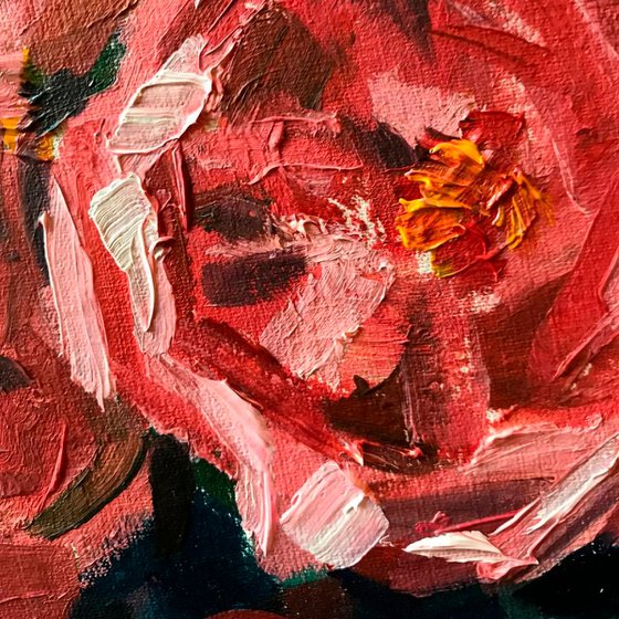 Pink Roses. Round Oil Painting