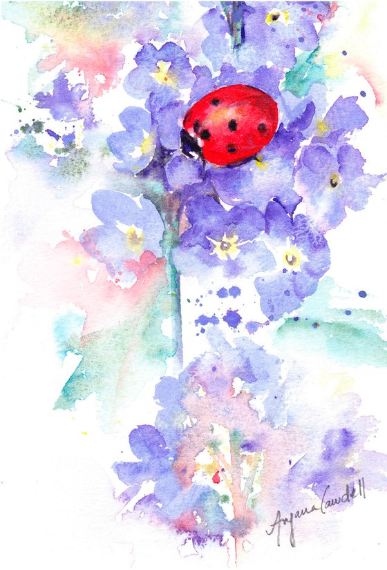 Ladybird painting, ladybug, Forget-me-not flower, Floral art, original watercolour, watercolor