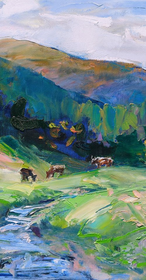 Among the mountains . Cows by Helen Shukina