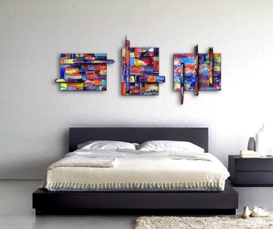 "The Pixel Variations" - FREE USA SHIPPING - Original Triptych PMS Mixed Media Sculptural Paintings On Wood, Framed -  65 x 26 inches