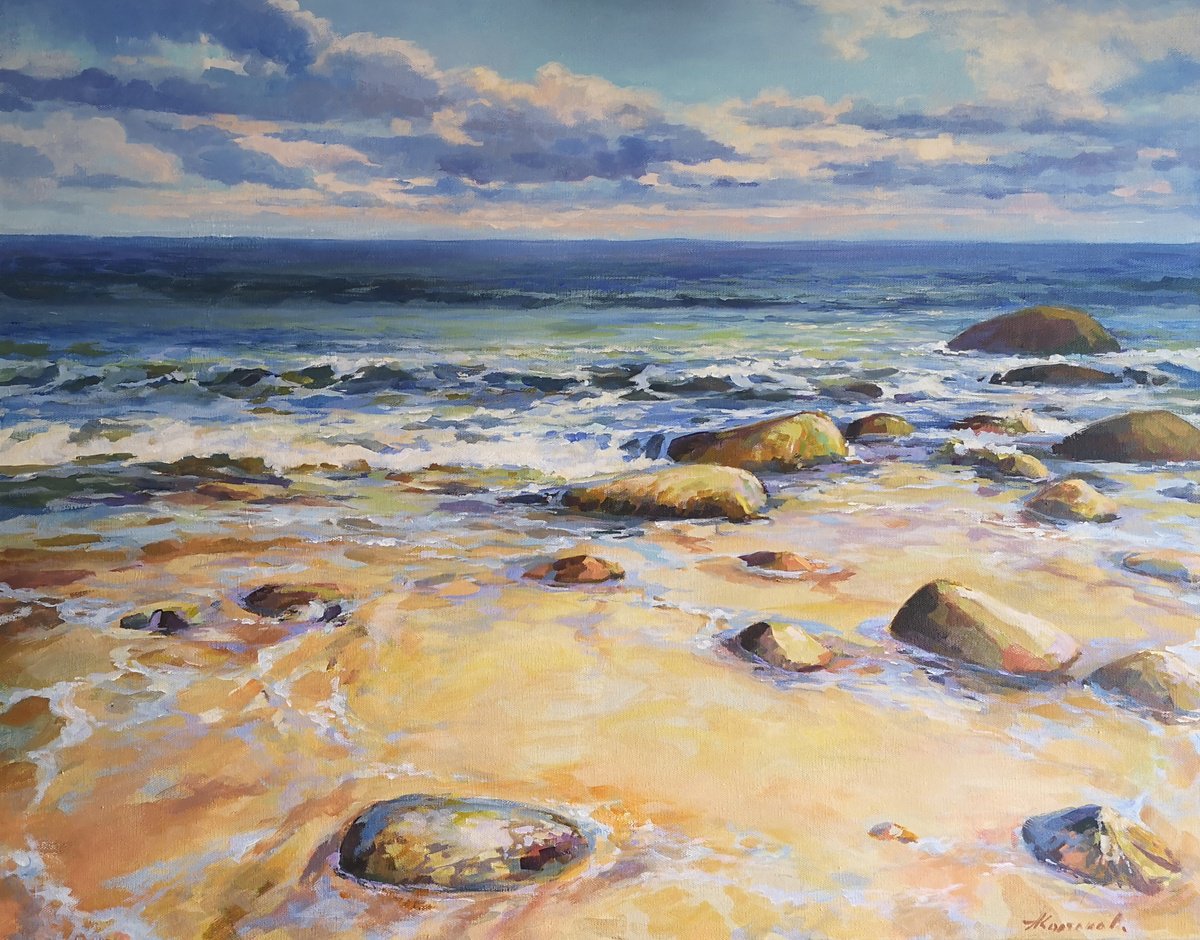 Warm stones 2, original one of a kind acrylic on canvas seascape (24x30’’) by Alexander Koltakov
