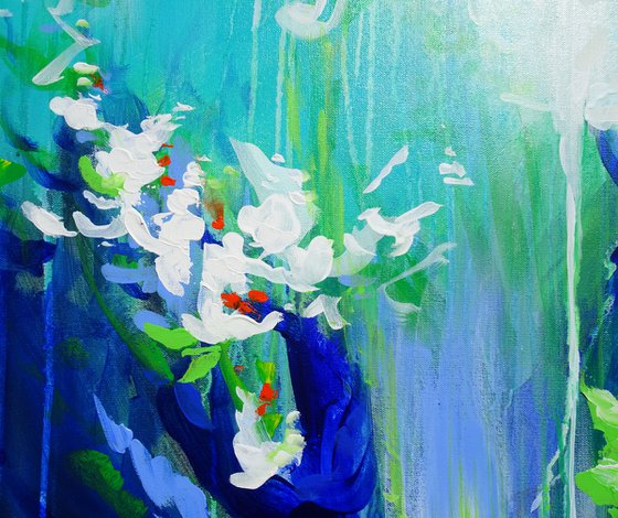 Abstract Flowers Modern Floral Landscape Painting. Blue, Red, Green, Violet, Teal, Abstract Tropical Flowers and Birds. Original Botanical Garden Painting on Canvas. Modern Impressionistic Art