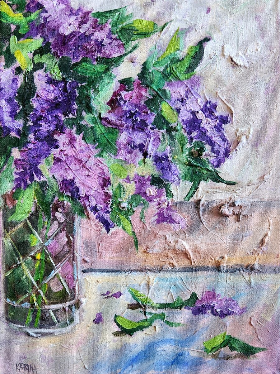 Expressive Botanical Oil Painting By Katrina Case, 11 X 14", Lilacs In Glass Vase, Original Artwork