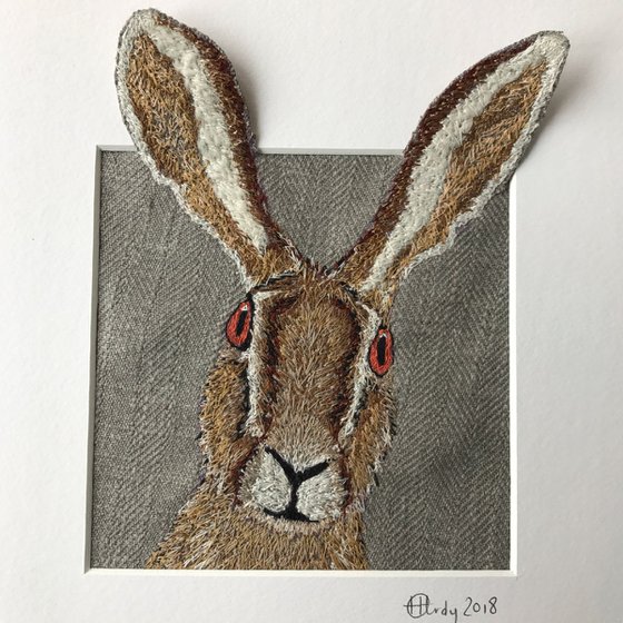 Hare textile art Collage by Helen Hardy