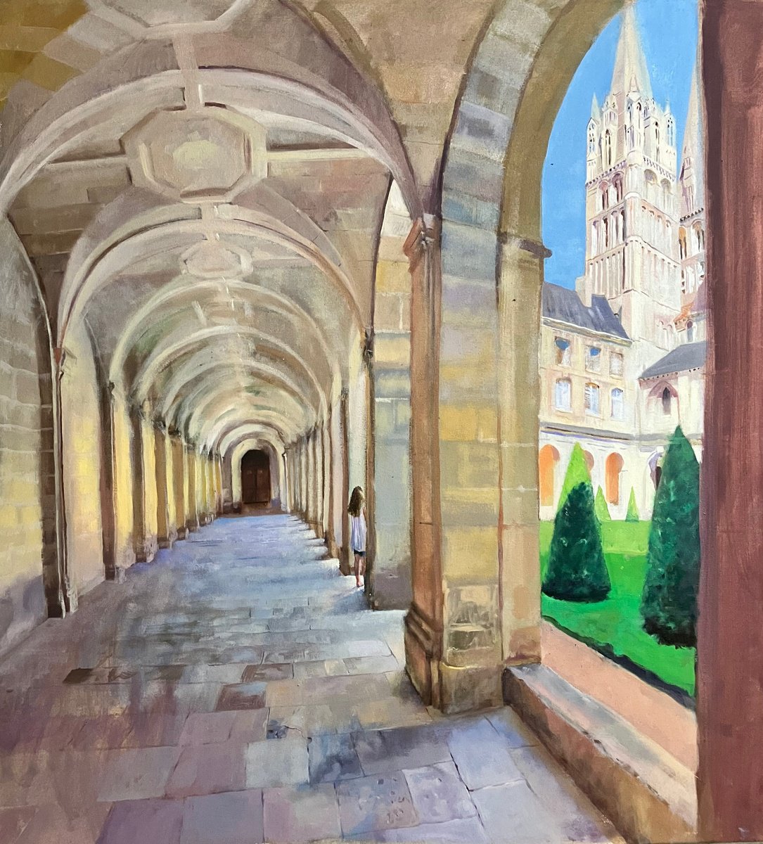 Photorealistic Cityscapes Oil Painting By John Welsh, 42 X 46, Caen Cathedral Study, Original Artwork