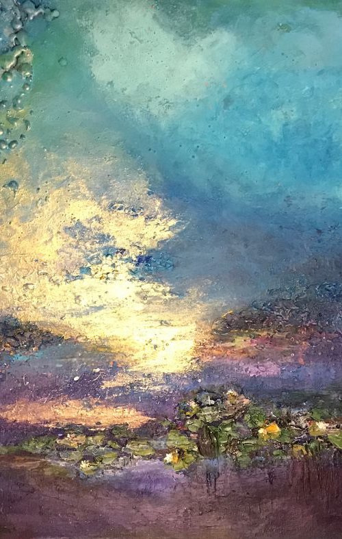 " Afterglow" water lilies pond abstract floral painting purple turquoise with gold by Henrieta Angel