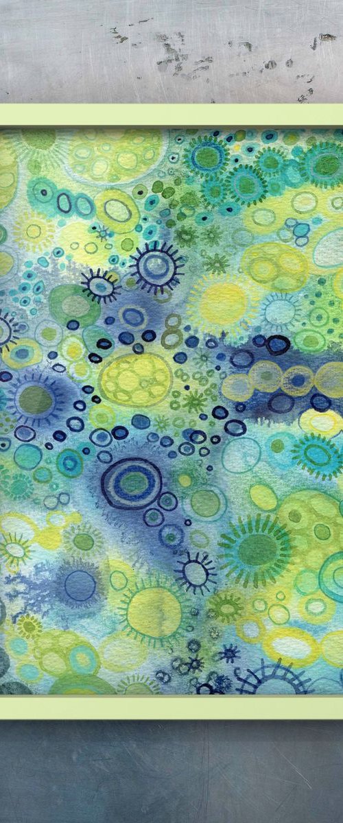 Original watercolor abstract art in green, blue and yellow by Liliya Rodnikova