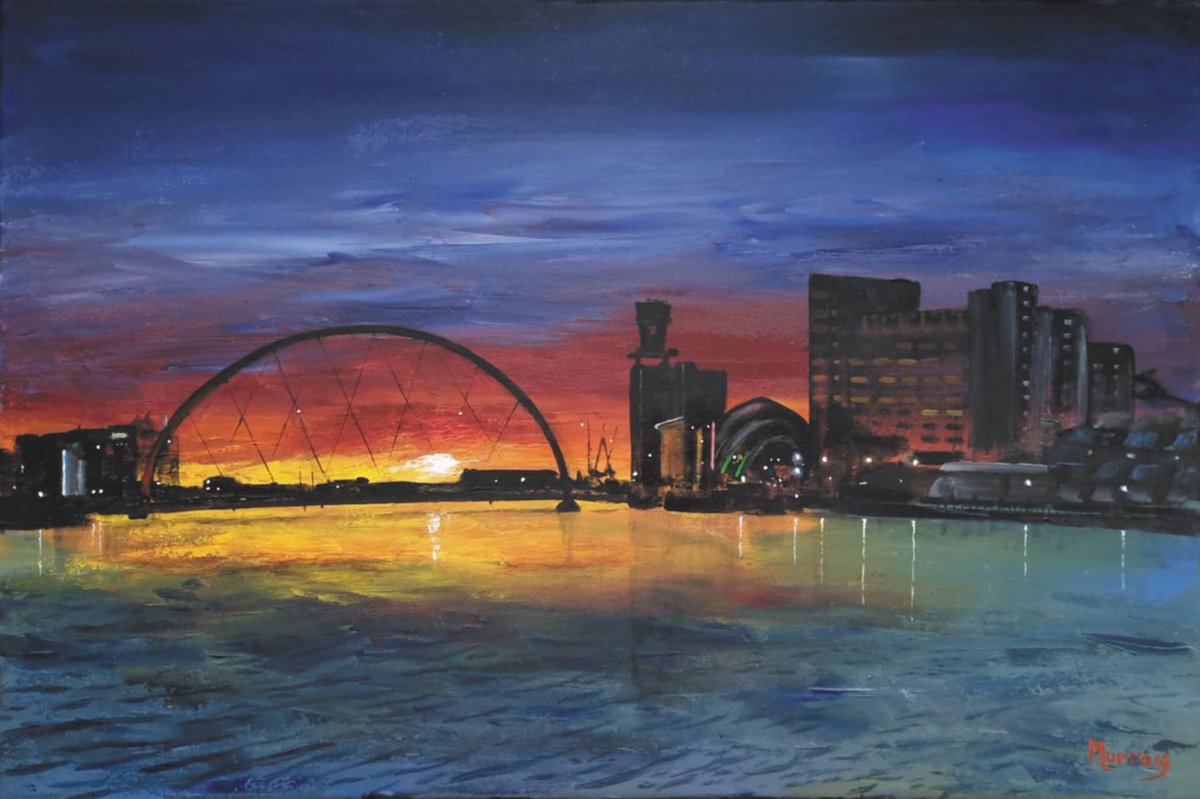 Cityscapes Acrylic Painting By Stephen Murray, 30 X 20", River Clyde Glasgow, Original Artwork