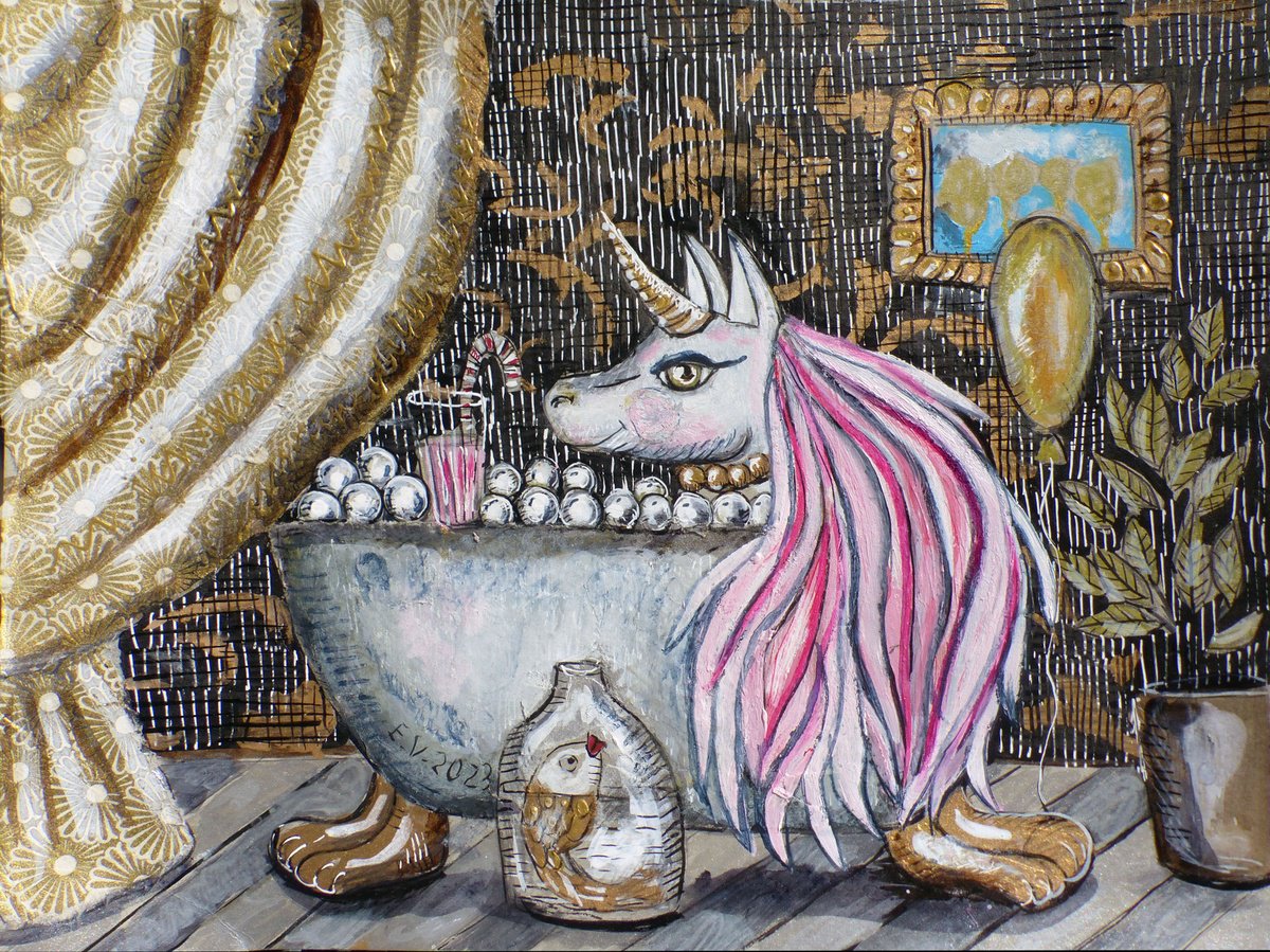 Surrealistic Painting , Aqua Unicorn Dream By Elizabeth Vlasova, 14 X 11, Artwork For Sale On Artfinder