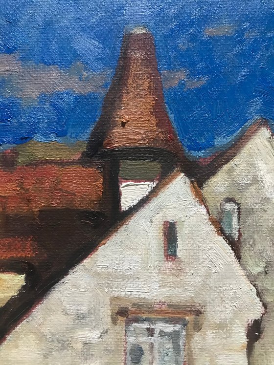 Original Oil Painting Wall Art Artwork Signed Hand Made Jixiang Dong Canvas 25cm × 30cm Red Roof Retreat small building Impressionism