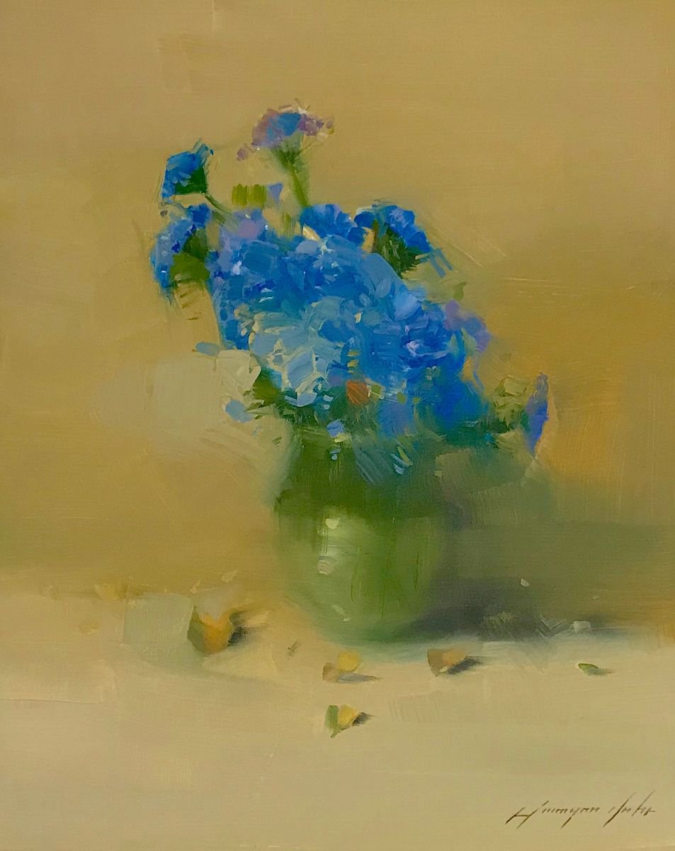 Blue Flowers, Oil painting, One of a kind, Handmade artwork by Vahe Yeremyan