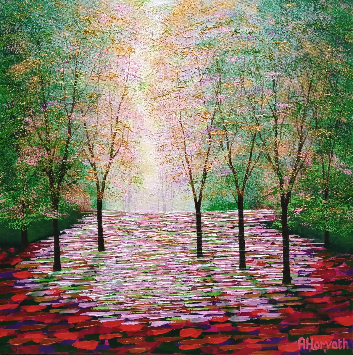 Impressionistic Landscape Acrylic Painting By Amanda Horvath, 24 X 24, Forest Of Amber And Gold, Original Artwork